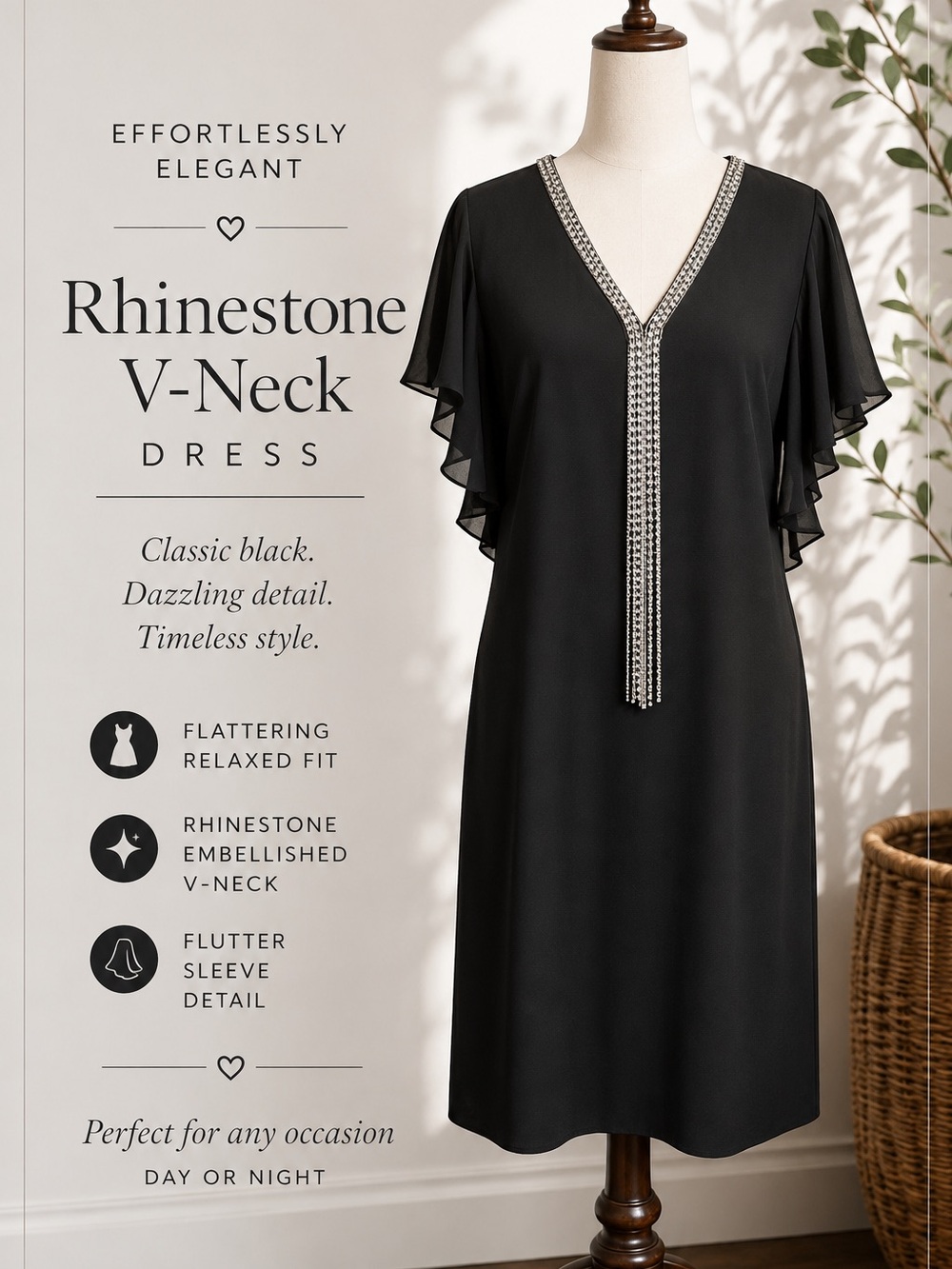 MSK Black Rhinestone V-Neck Dress Flutter Sleeve Cocktail Party LBD